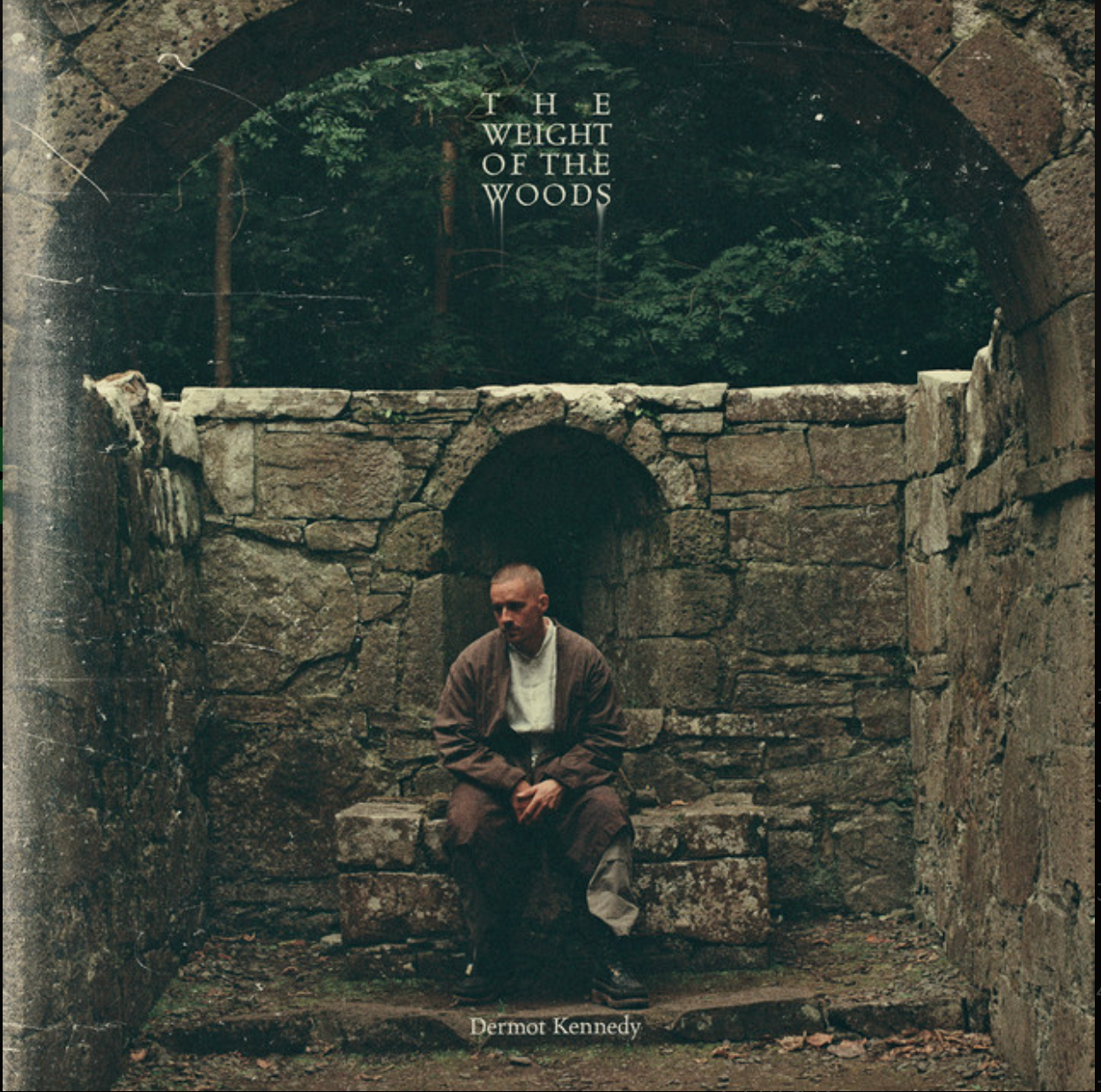 Album cover for Dermot Kennedy's The Weight of the Woods - he sits alone inside a ruined stone archway in a forest