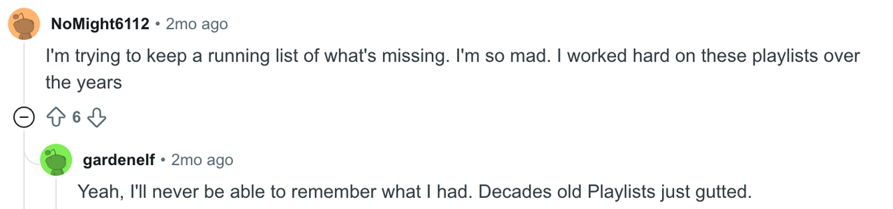 Reddit comments: one user listing what's missing from playlists, another saying decades-old playlists were gutted