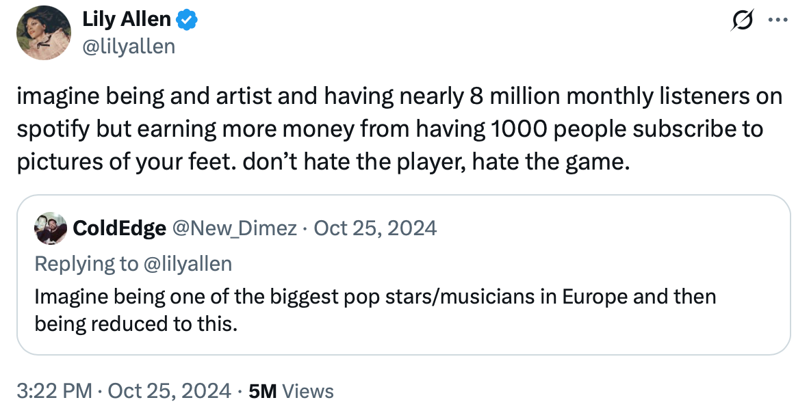 Lily Allen tweet: nearly 8 million Spotify monthly listeners, but more money from 1,000 subscribers to feet pictures