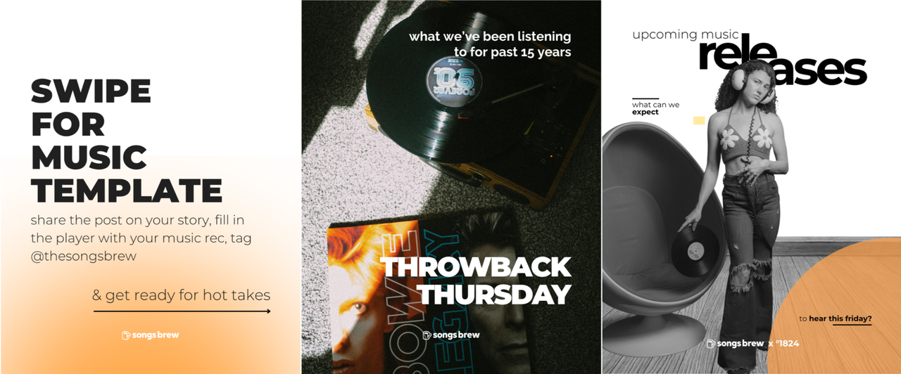 SongsBrew Instagram posts: a swipe-for-music template, Throwback Thursday and upcoming releases