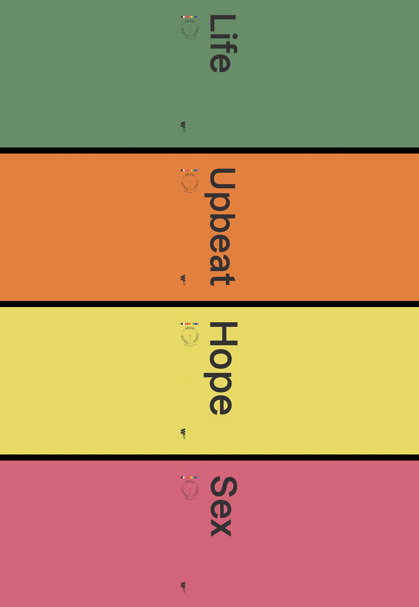 Colour Cues colour bands labelled by mood: green Life, orange Upbeat, yellow Hope, pink Sex