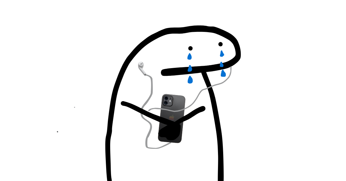 Doodle of a crying blob character holding a phone, earphones in