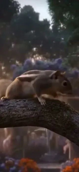 AI video still of a squirrel-like creature with chipmunk stripes on a branch