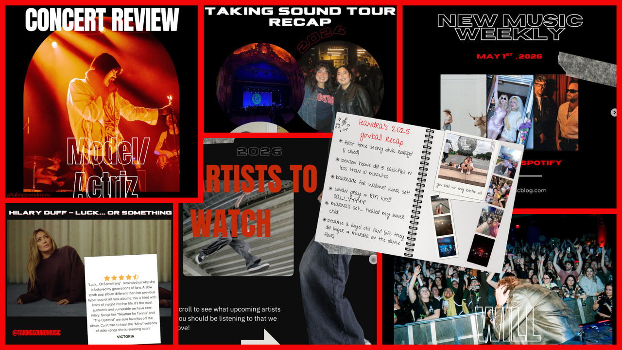 Collage of Taking Sound Music posts - concert reviews, a tour recap, New Music Weekly and Artists To Watch