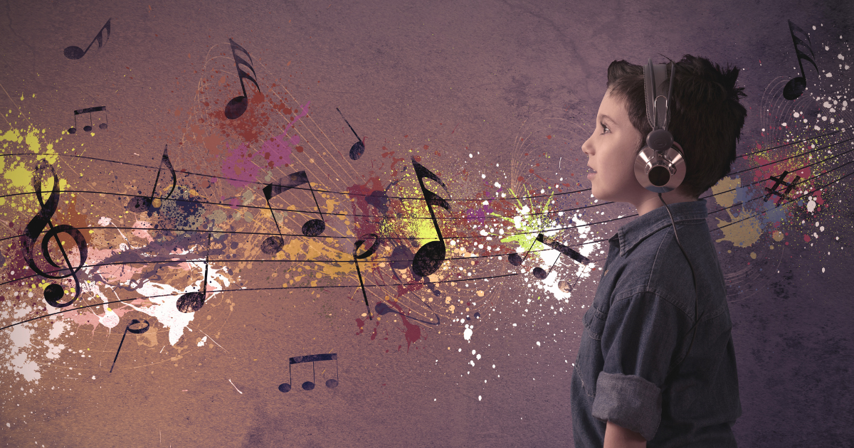 Boy in headphones surrounded by painted music notes, for the piece on separating art from artists