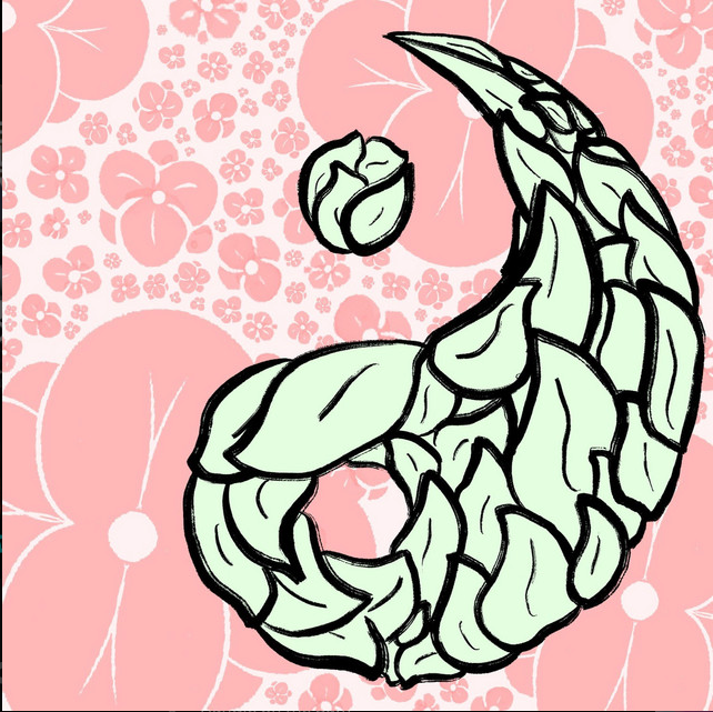 Haiku Logic cover - a curled shape of green leaves on a pink floral background