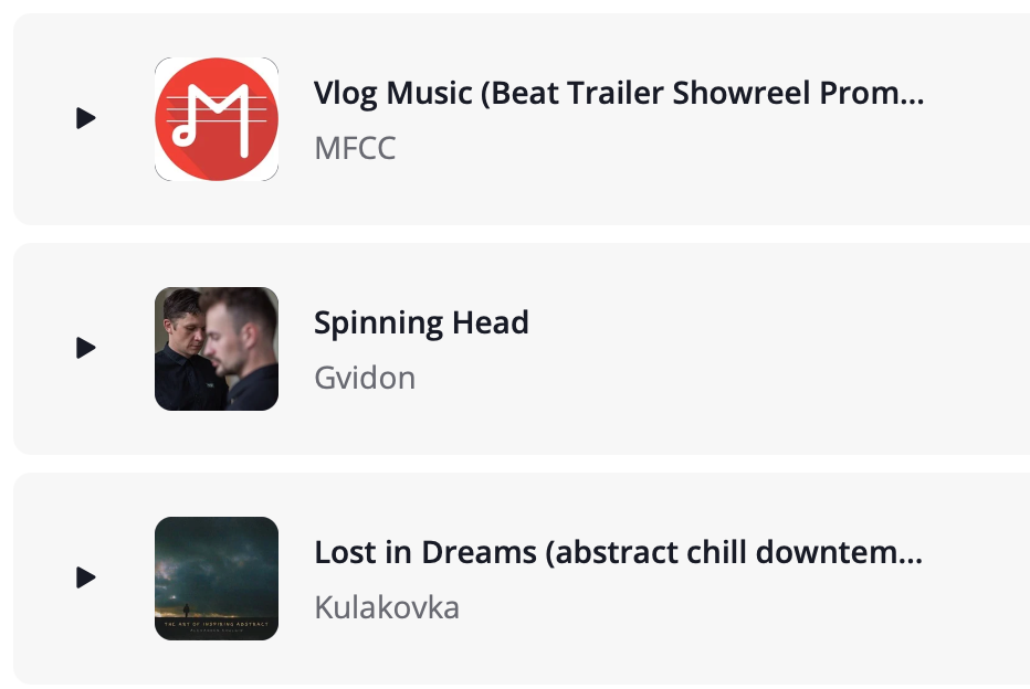 Pixabay music list with royalty-free tracks such as 'Spinning Head' by Gvidon