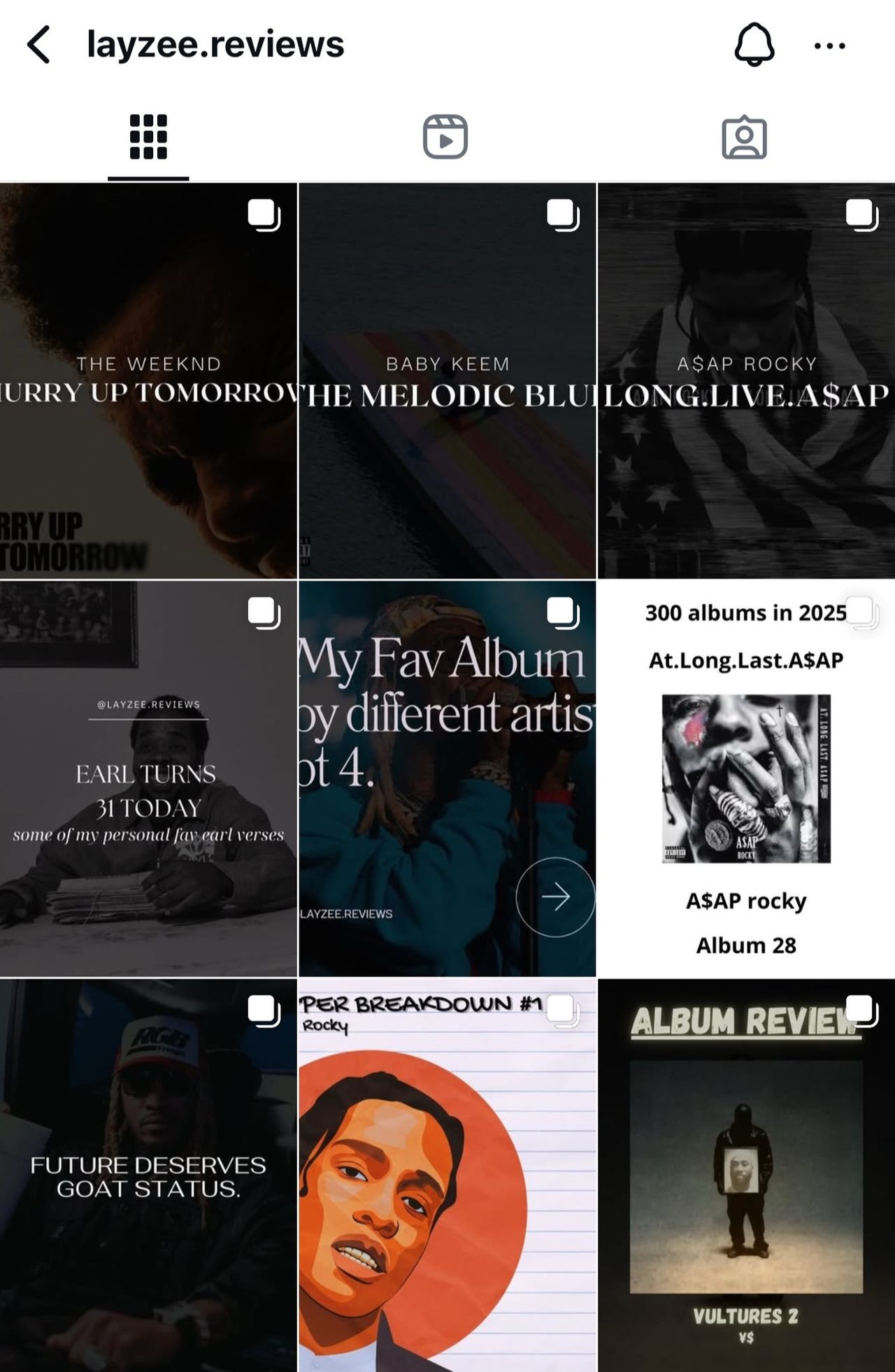 Instagram grid from layzee.reviews with album review posts on The Weeknd, Baby Keem and ASAP Rocky