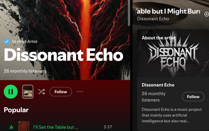 Spotify page for Dissonant Echo, 26 monthly listeners, its bio saying it mainly uses AI