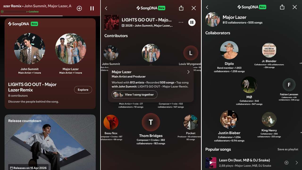 Spotify SongDNA screens for Lights Go Out, Major Lazer Remix, showing contributors and collaborators