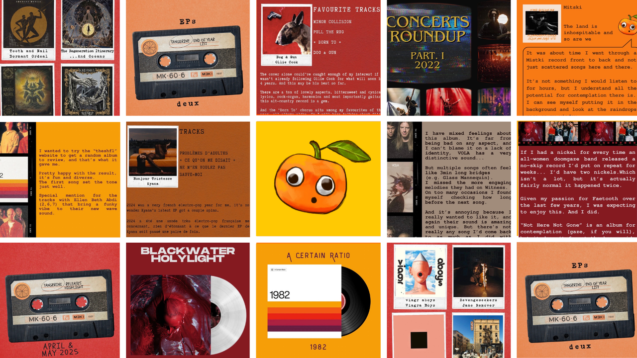 Grid of Tangerine's Instagram posts - favourite tracks cassettes, a concerts roundup and album picks