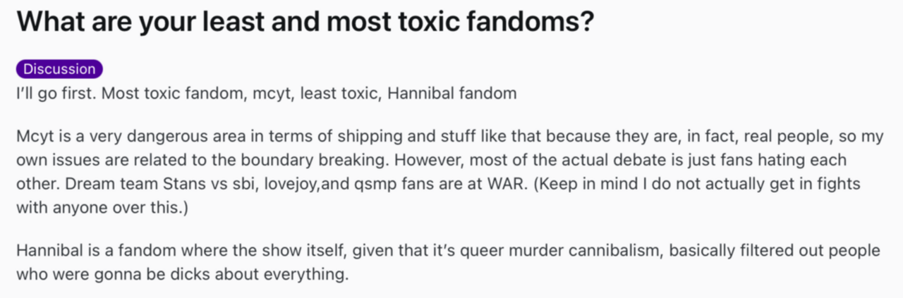 Reddit thread 'What are your least and most toxic fandoms?', one user naming MCYT most toxic and Hannibal least