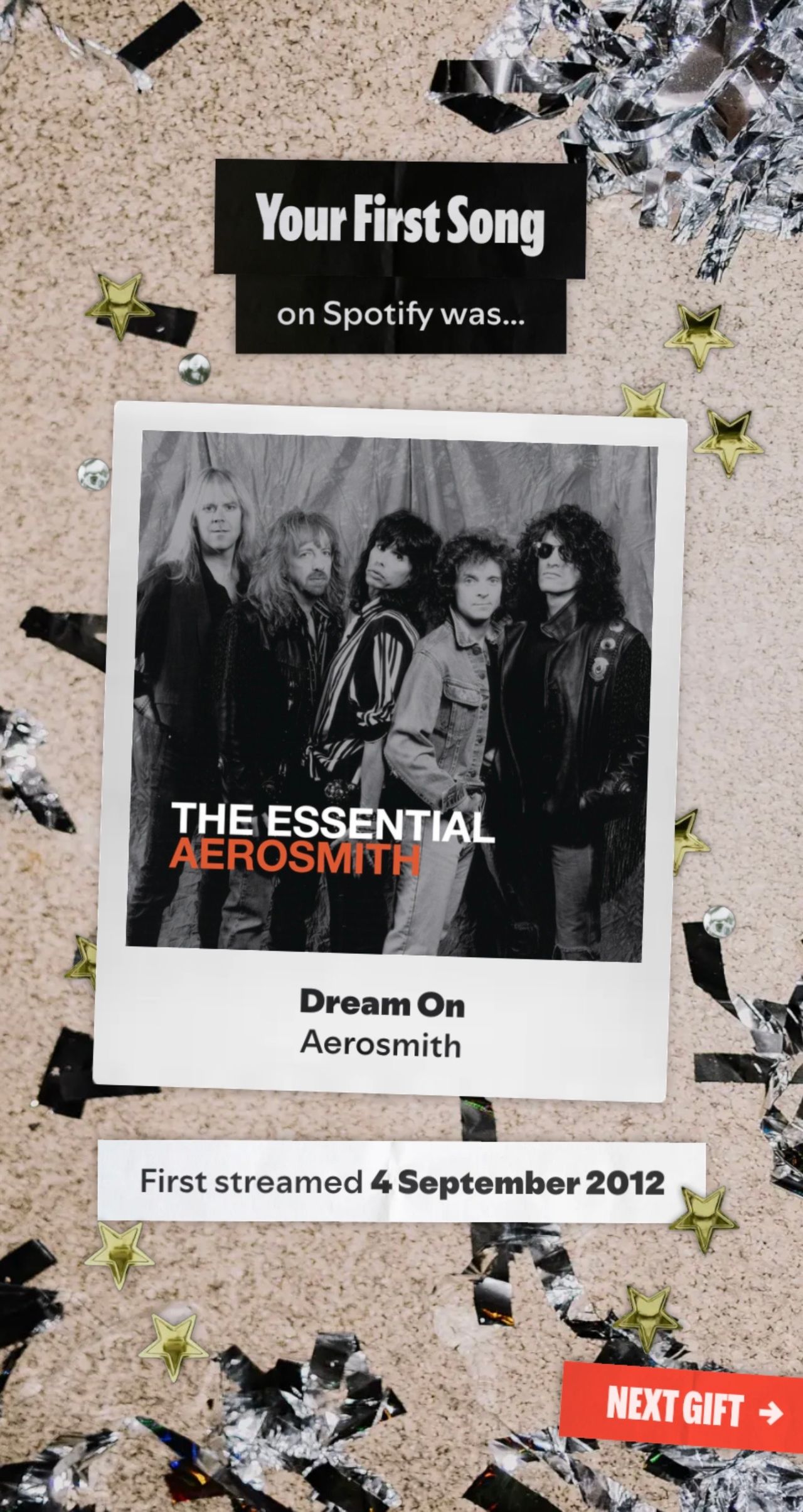 Spotify 'Your First Song' card - Dream On by Aerosmith, first streamed 4 September 2012