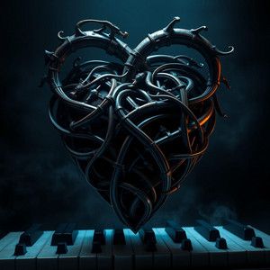 Cover for the Love Shit playlist - a dark, thorny metal heart above piano keys