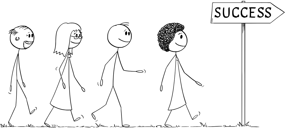 Cartoon of four people walking towards a signpost marked 'Success'