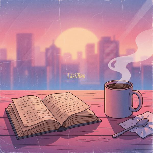 Lo-fi style cover art for the AI track Swamps by LaziiBee - open book and steaming mug before a sunset city