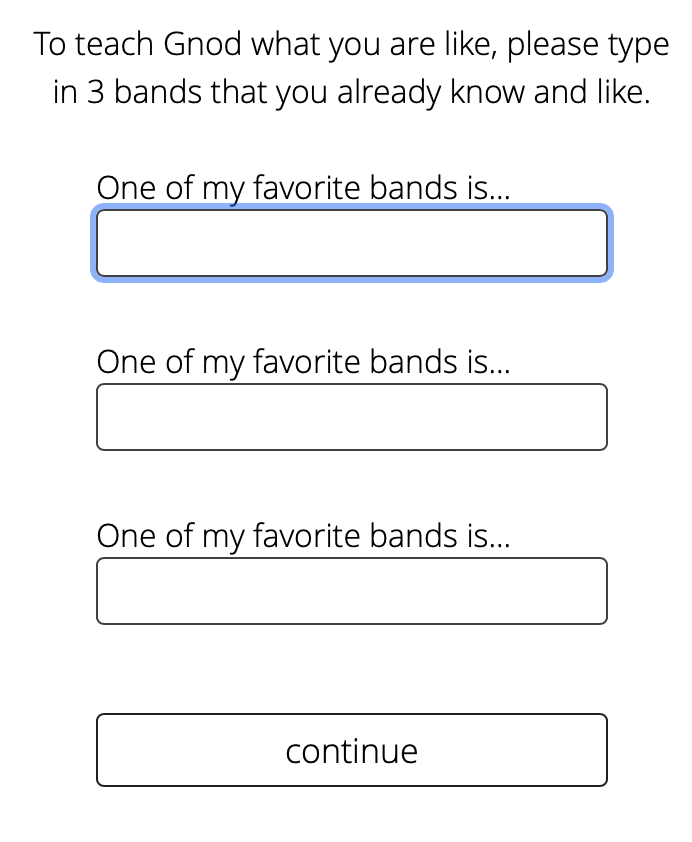Gnoosic form asking you to type in three bands you already know and like