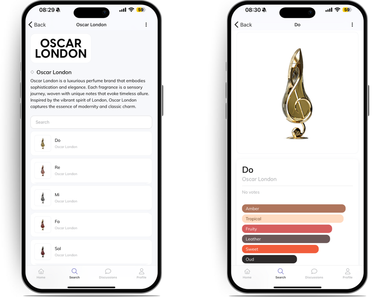 Fragplace app screens for Oscar London's Do, Re, Mi, Fa and Sol perfumes, with Do's scent notes