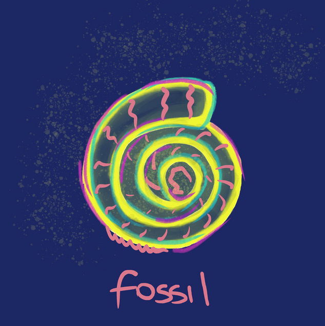 FOSSIL cover art by Cammi Kol - a hand-drawn neon spiral shell on dark blue