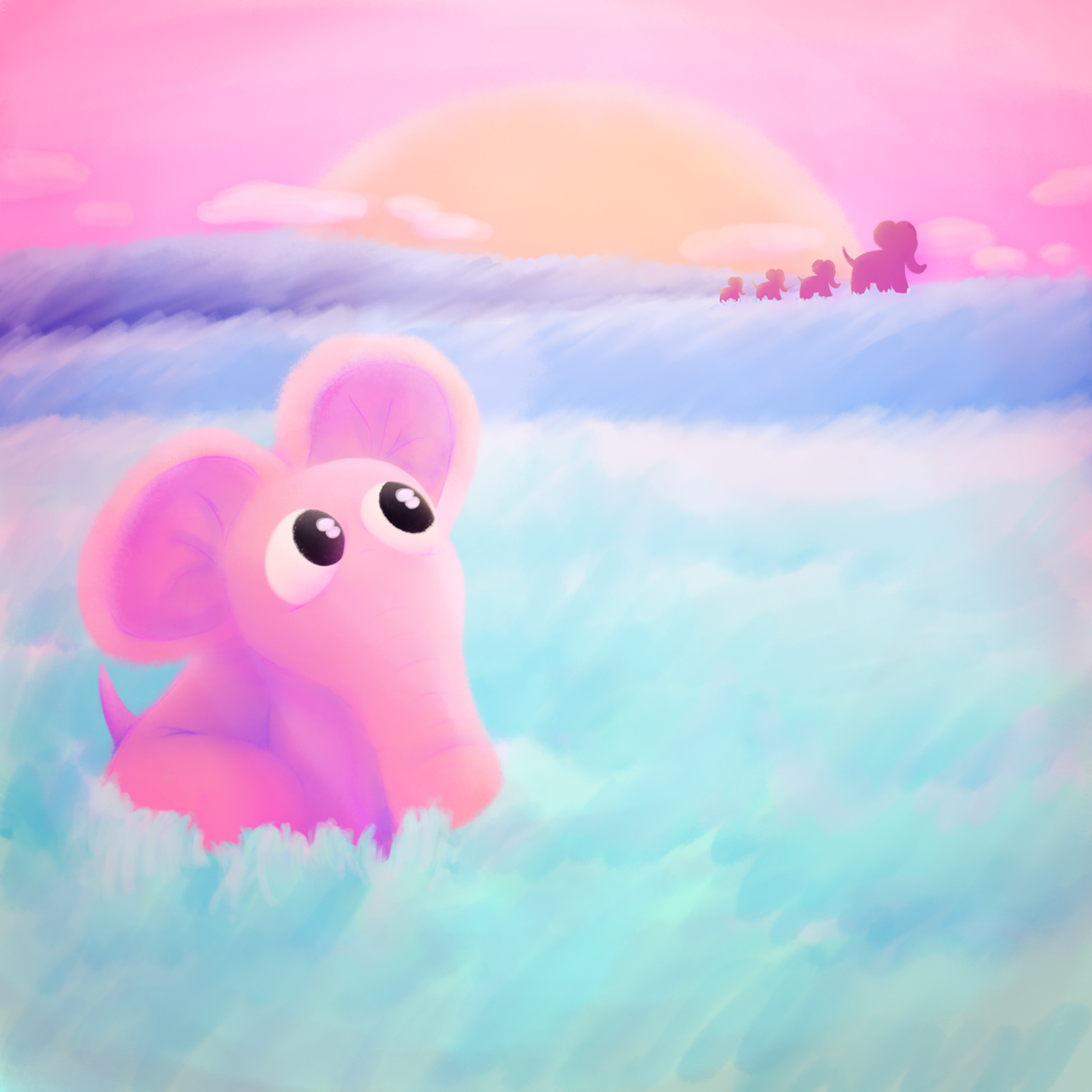 Haiku Logic artwork by Lela Smith - a pink cartoon elephant in pastel clouds at sunset