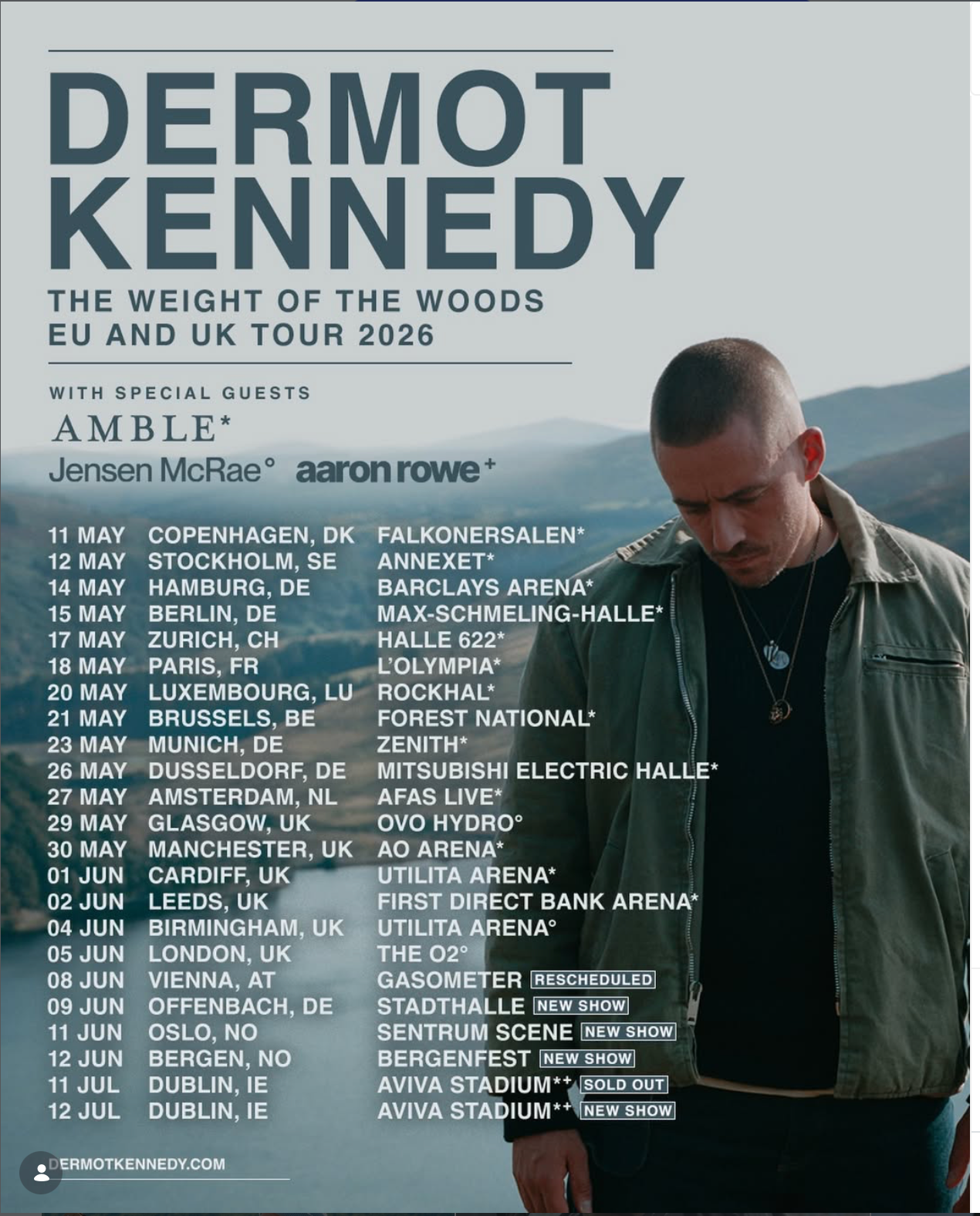 Dermot Kennedy's The Weight of the Woods EU and UK Tour 2026 poster, May to July dates with special guests