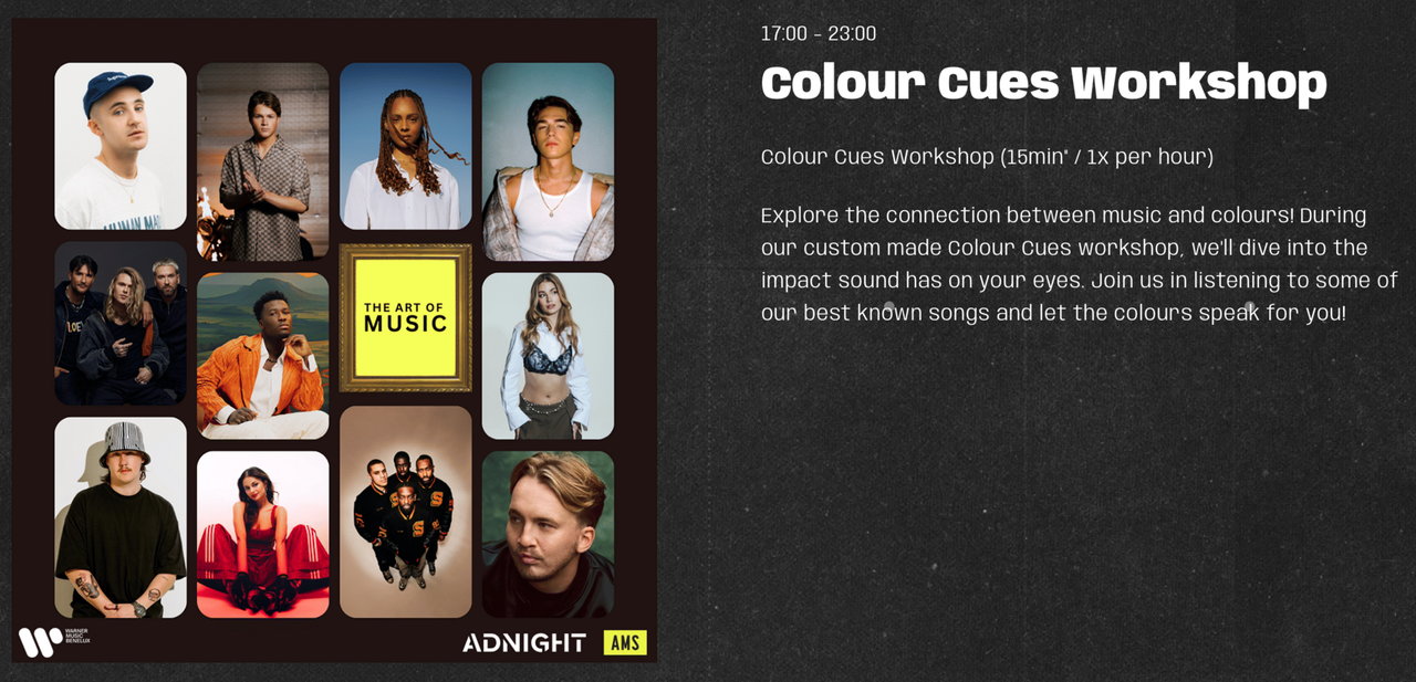 Warner Music event listing for the Colour Cues Workshop, linking music and colour, with artist photos
