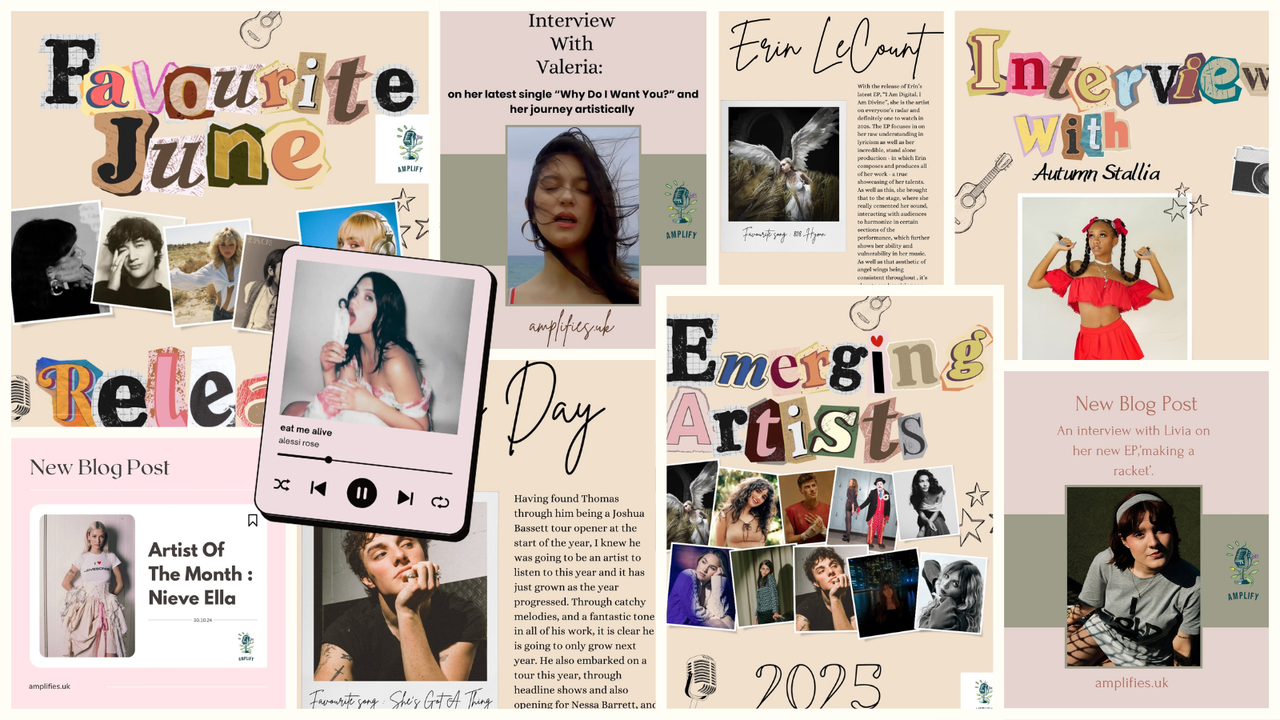 Collage of Amplify's posts - favourite releases, emerging artists, artist interviews and artist of the month
