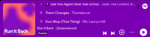 Spotify playlist Run It Back, including Tyler, The Creator, Thundercat and Ms. Lauryn Hill