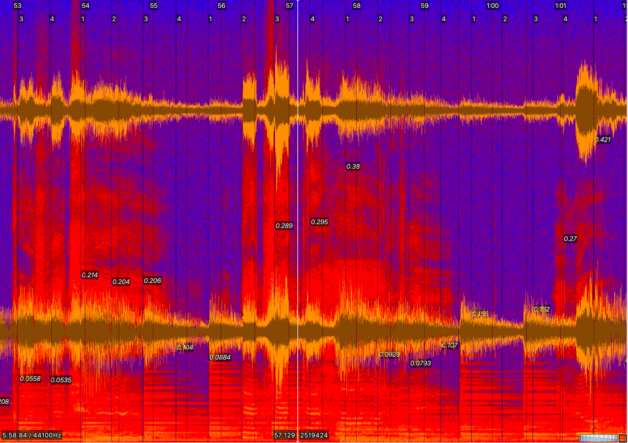 Spectrogram of a few seconds of White Magic, with beat markers latching onto texture, not a grid