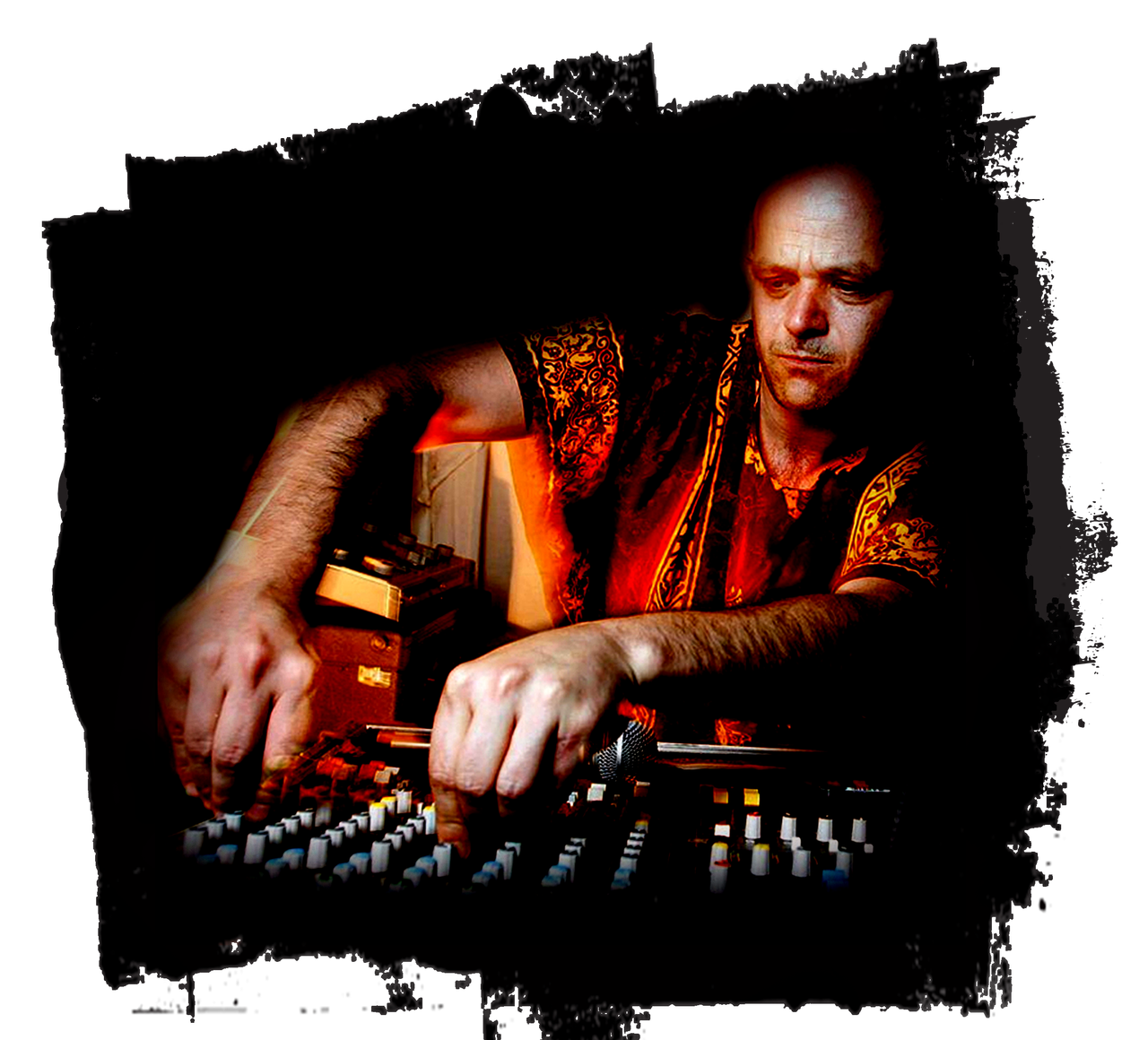 Uncle Fester on Acid leaning over a mixing desk in a dark studio, lit in red