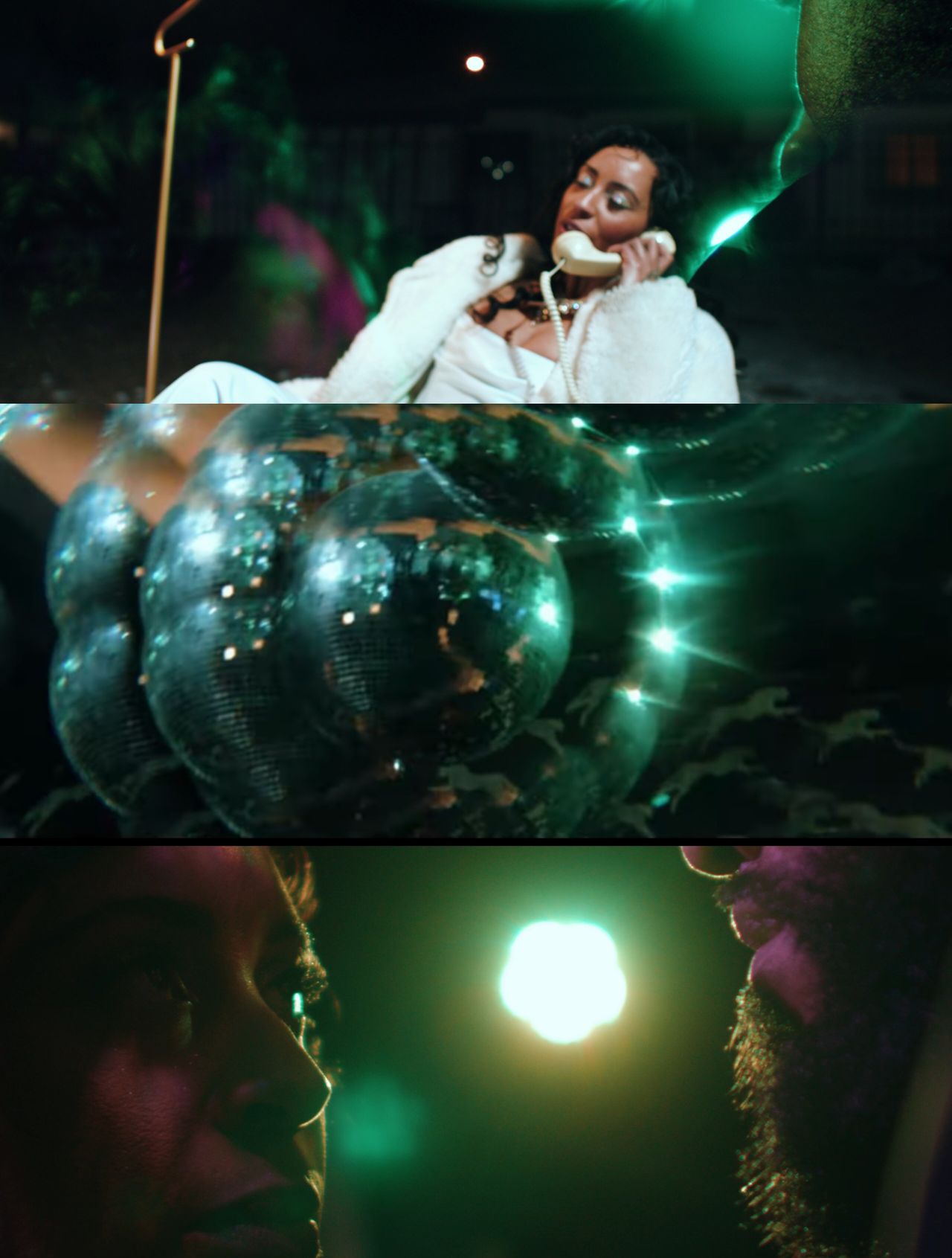 Stills from the Fever Dream video - Kayla Marque on a vintage phone, disco balls, green light