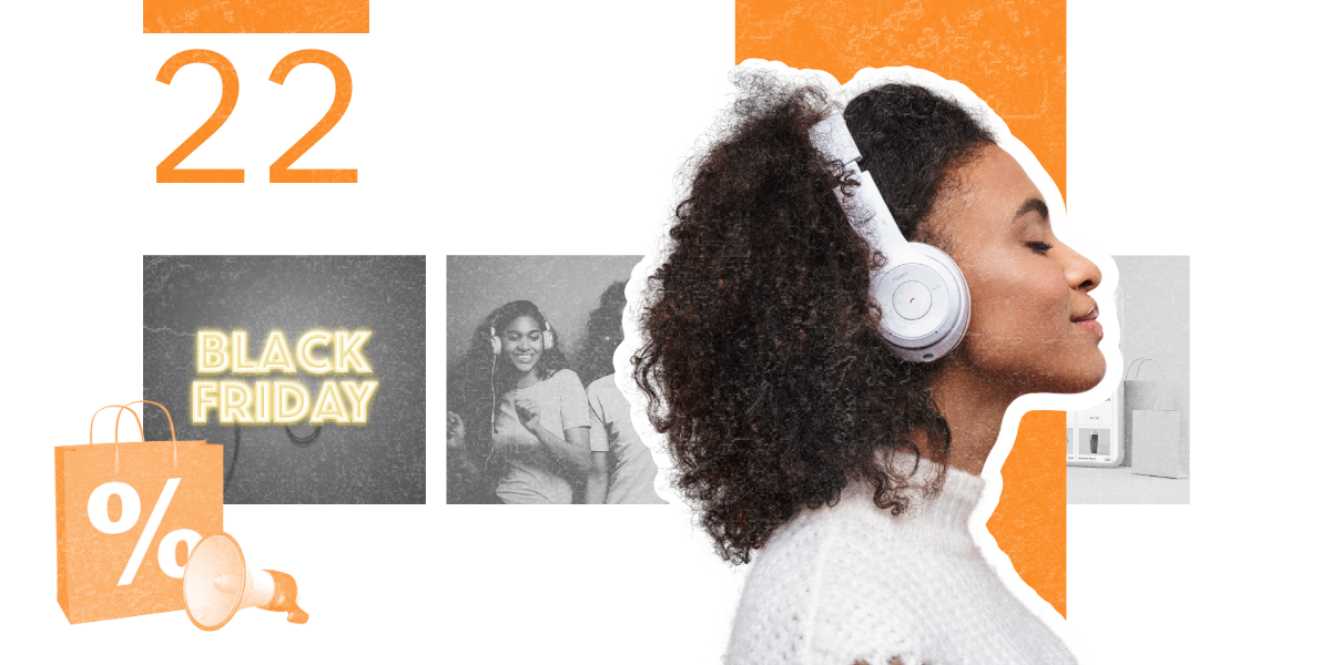 Black Friday collage with a woman in white headphones, linking to the Best Audio Deals issue