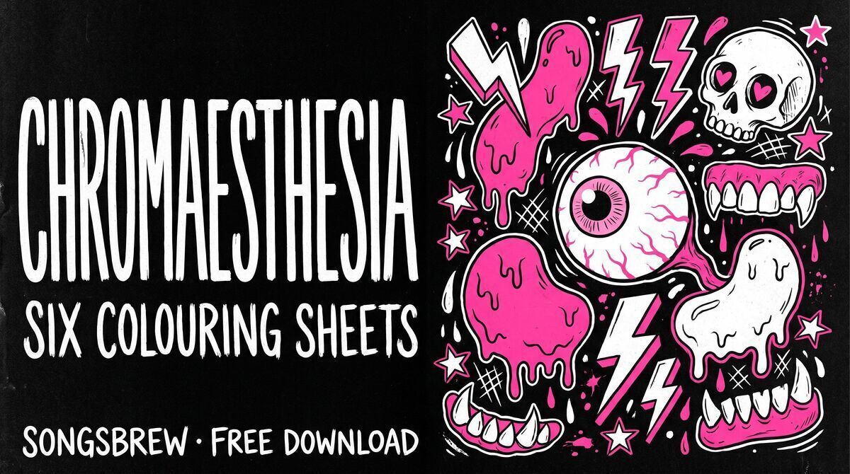 Chromaesthesia colouring sheets - six free SongsBrew sheets with pink skull and eyeball doodles
