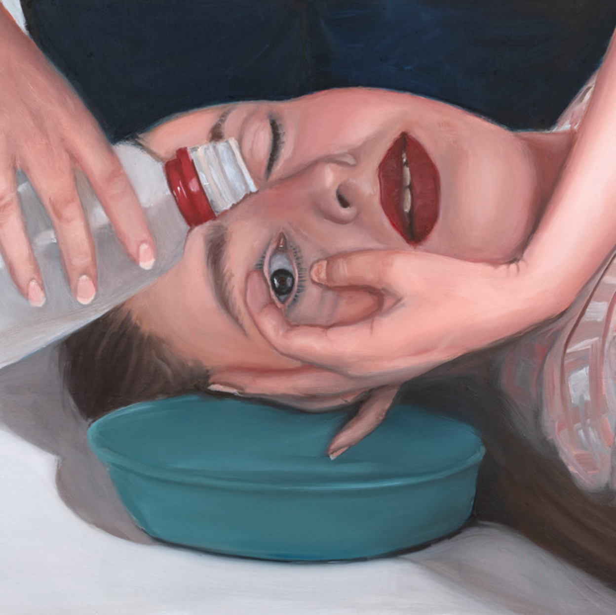 Album cover for Dry Cleaning's Secret Love - painting of a woman lying back with a bottle tipped to her eye