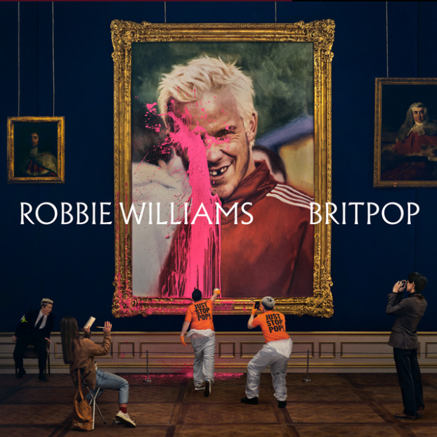 Album cover for Robbie Williams' BRITPOP - activists throwing pink paint over his portrait in a gallery
