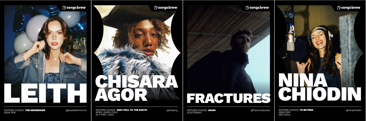 SongsBrew RADAR Instagram cards for Leith, Chisara Agor, Fractures and Nina Chiodin