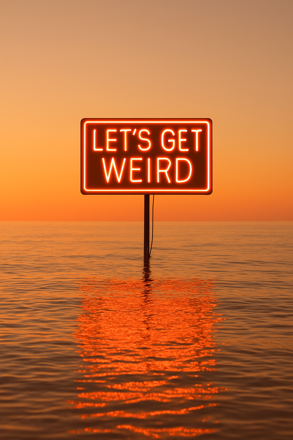 Neon sign reading LET'S GET WEIRD standing in the sea at sunset
