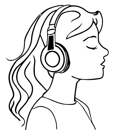 Line drawing of a woman in headphones listening with her eyes closed
