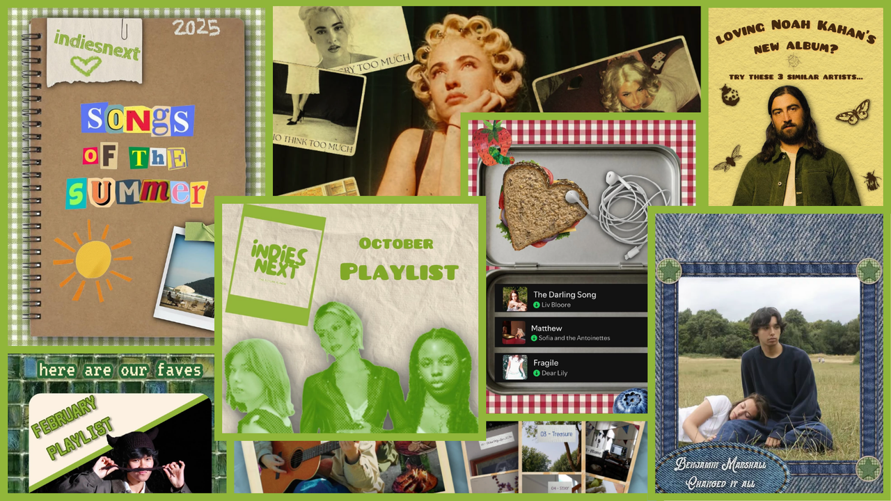 IndiesNext scrapbook collage of monthly playlists, songs of the summer and artist features