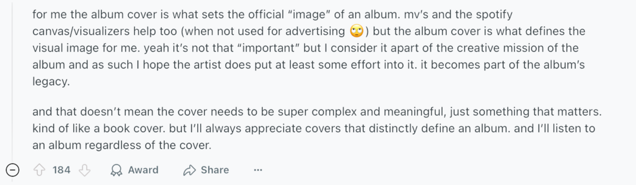 Reddit comment arguing the album cover sets an album's official image and becomes part of its legacy