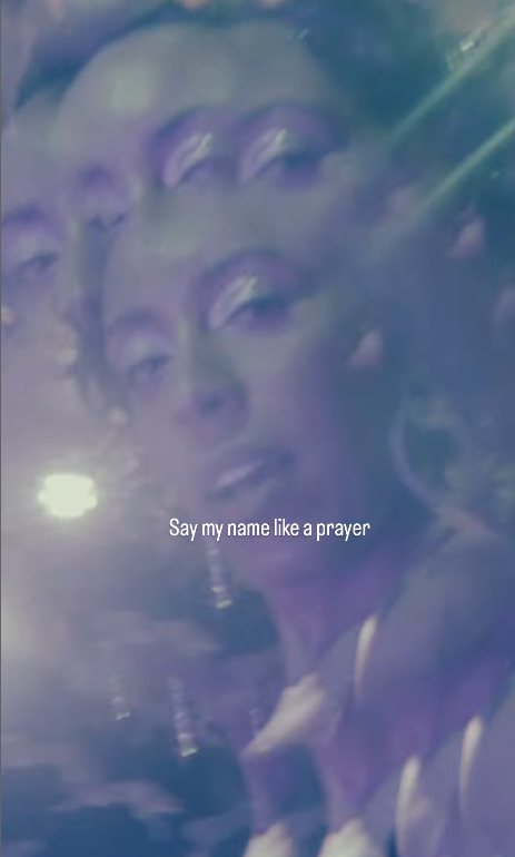 Hazy still of Kayla Marque with the lyric 'Say my name like a prayer'