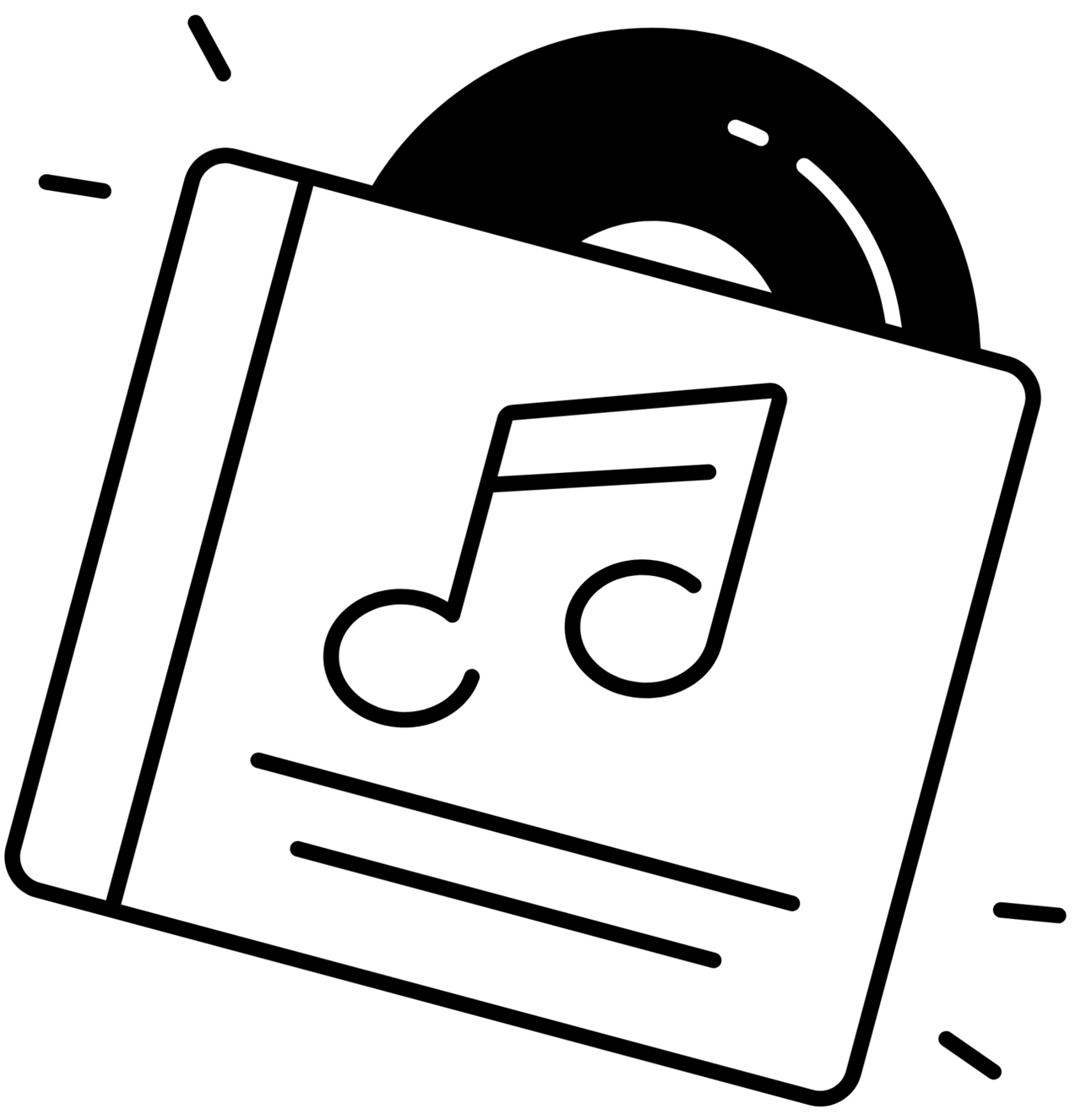 Line drawing of a record sliding out of an album sleeve marked with a music note