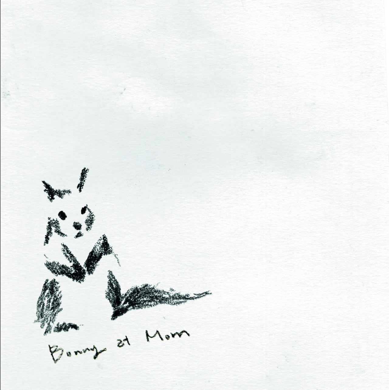 Black crayon sketch of a rabbit-like animal with handwritten text below