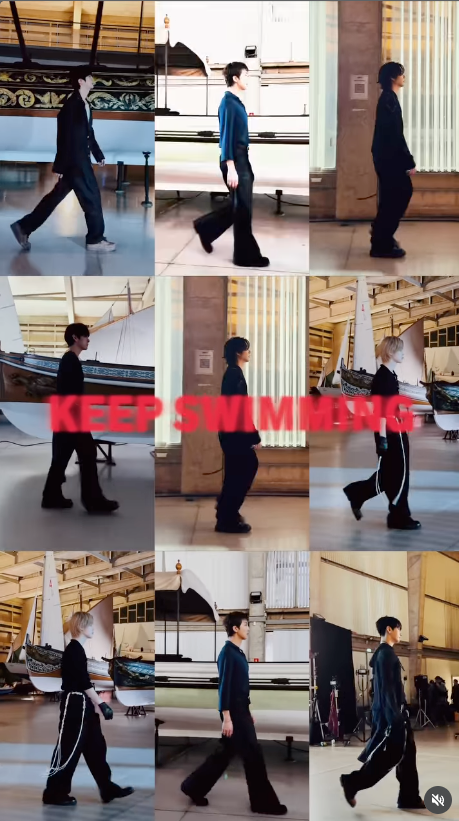 Grid of BTS members walking through a hall, captioned 'Keep swimming'