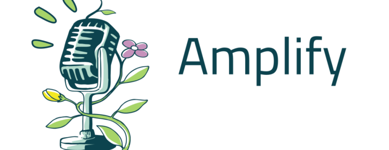 Amplify logo - a vintage microphone wrapped in leaves and flowers
