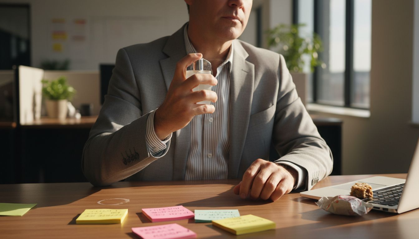 Office worker applying perfume at desk
