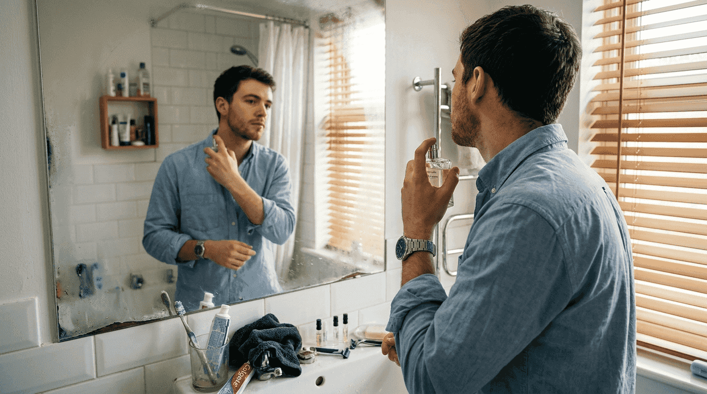 Man applying eau de toilette in small bathroom