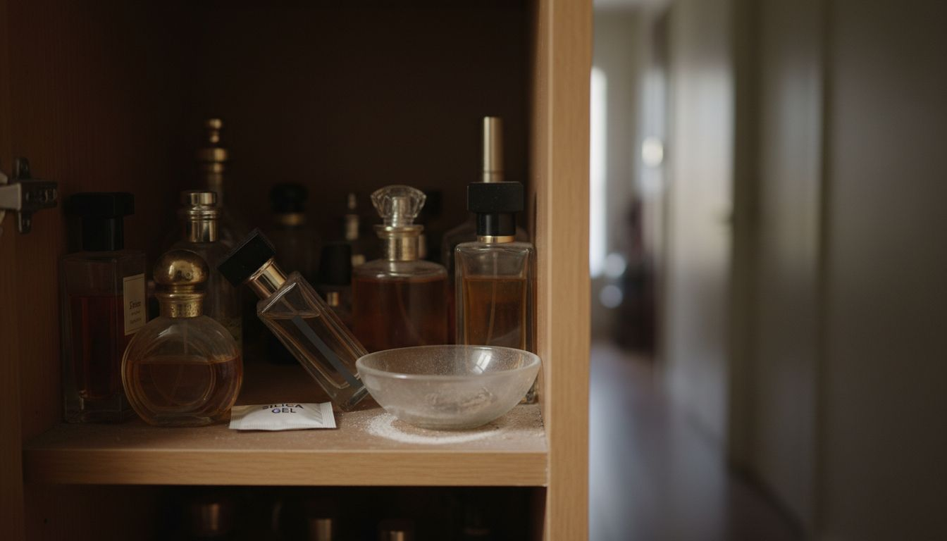 Shelf showing perfume bottles and storage details