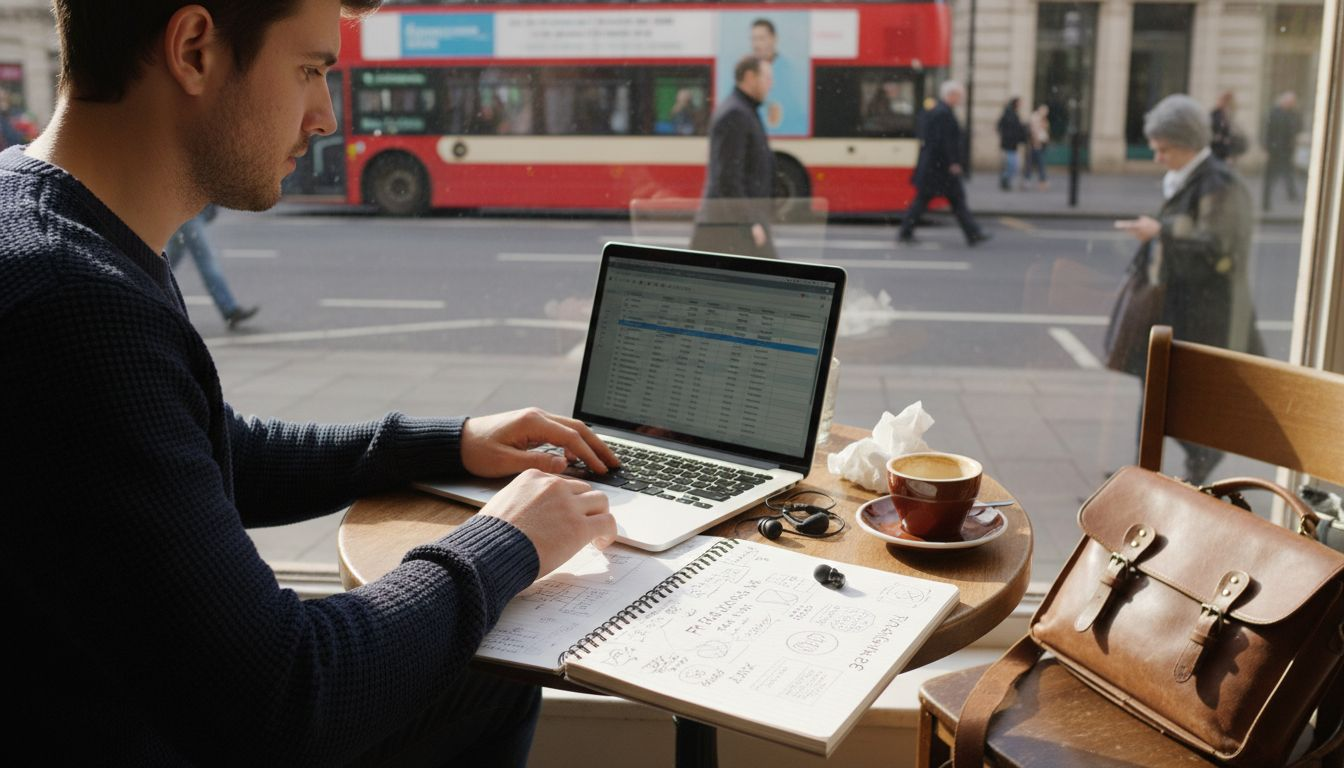 Man researching perfume brands in café