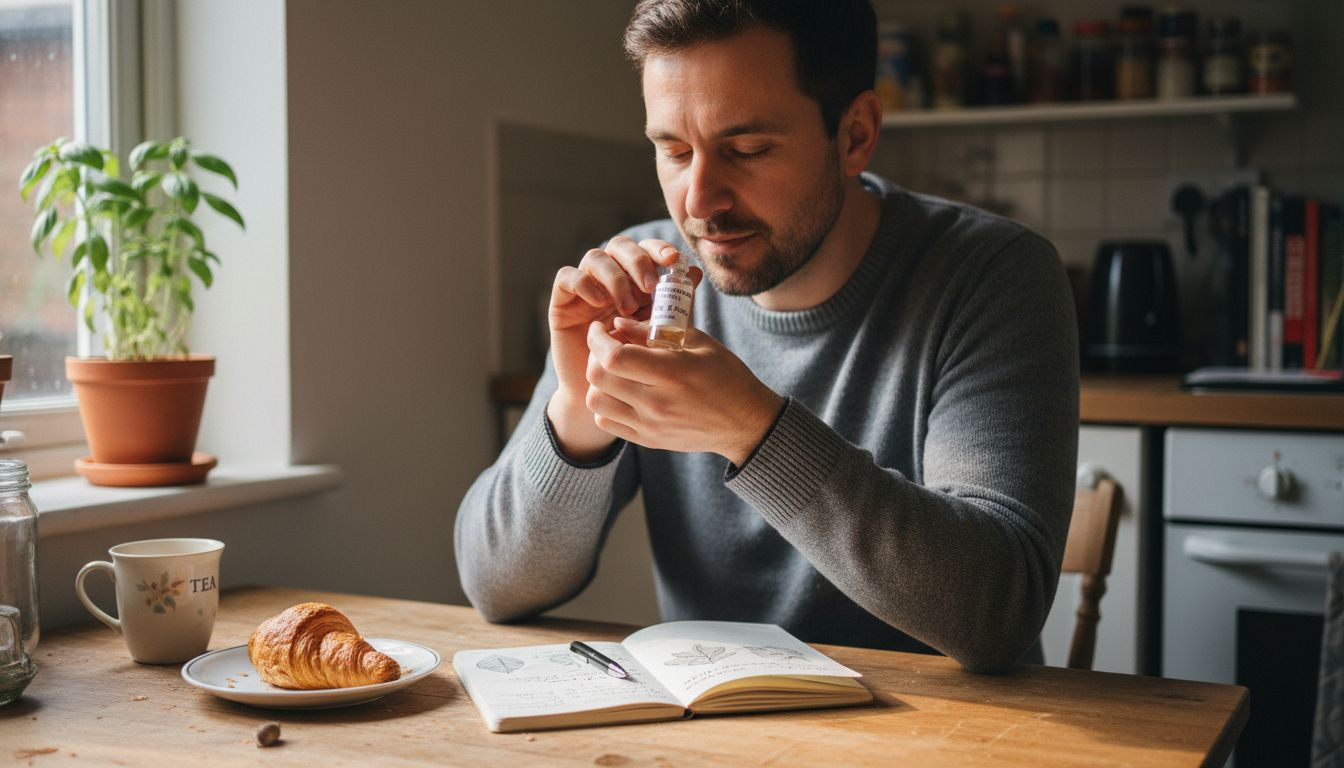 Man smelling wrist at kitchen table
